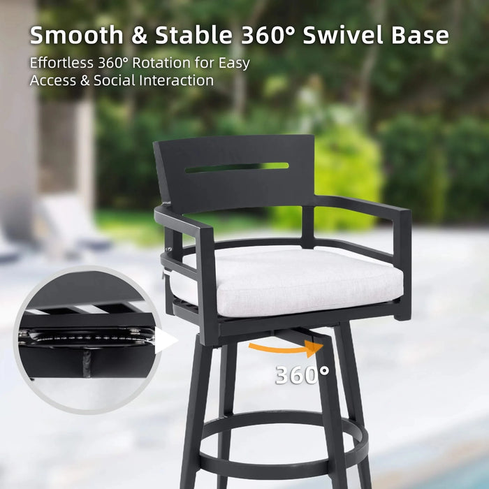 Modern 5PC Outdoor Patio Bar Set,Rounded Square Sintered Stone Table & 4 Swivel Bar Chairs,Non-Rust Aluminum Frame,Ember Black, Marble-Inspired Top,Bearing Swivel Plate,Tapered Legs,Sunbrella Cushion Default -DTYStore