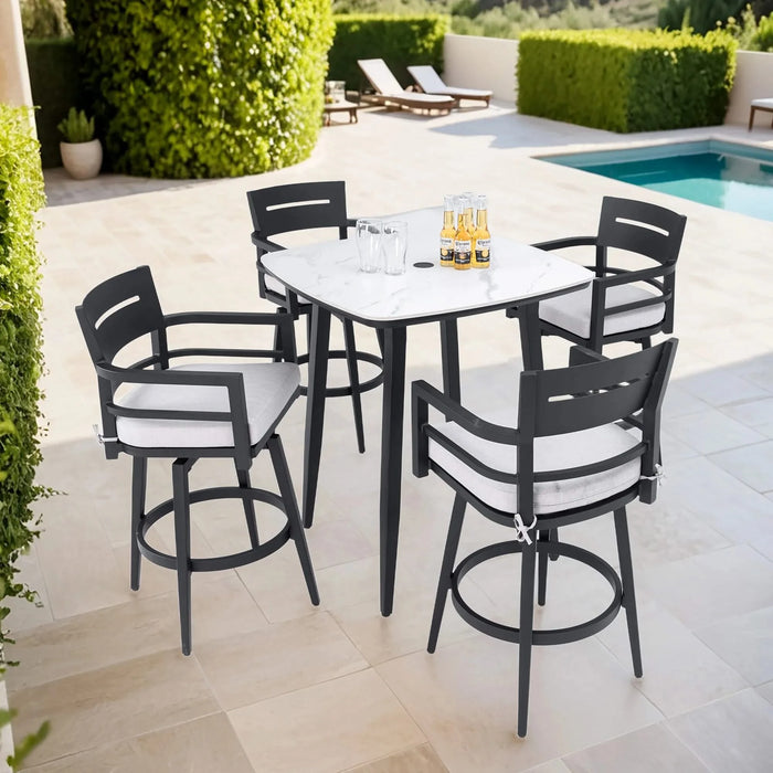 Modern 5PC Outdoor Patio Bar Set,Rounded Square Sintered Stone Table & 4 Swivel Bar Chairs,Non-Rust Aluminum Frame,Ember Black, Marble-Inspired Top,Bearing Swivel Plate,Tapered Legs,Sunbrella Cushion Default -DTYStore