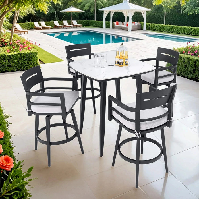 Modern 5PC Outdoor Patio Bar Set,Rounded Square Sintered Stone Table & 4 Swivel Bar Chairs,Non-Rust Aluminum Frame,Ember Black, Marble-Inspired Top,Bearing Swivel Plate,Tapered Legs,Sunbrella Cushion Default -DTYStore
