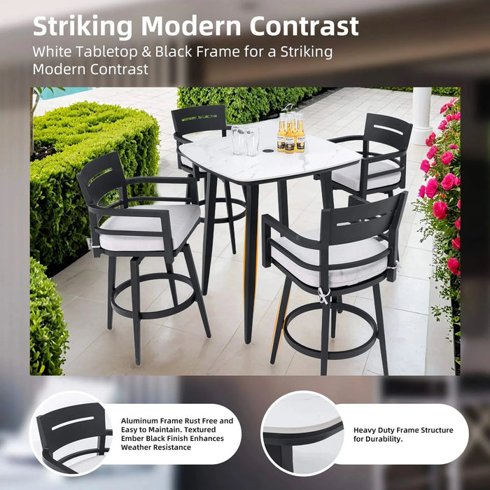 Modern 5PC Outdoor Patio Bar Set,Rounded Square Sintered Stone Table & 4 Swivel Bar Chairs,Non-Rust Aluminum Frame,Ember Black, Marble-Inspired Top,Bearing Swivel Plate,Tapered Legs,Sunbrella Cushion Default -DTYStore