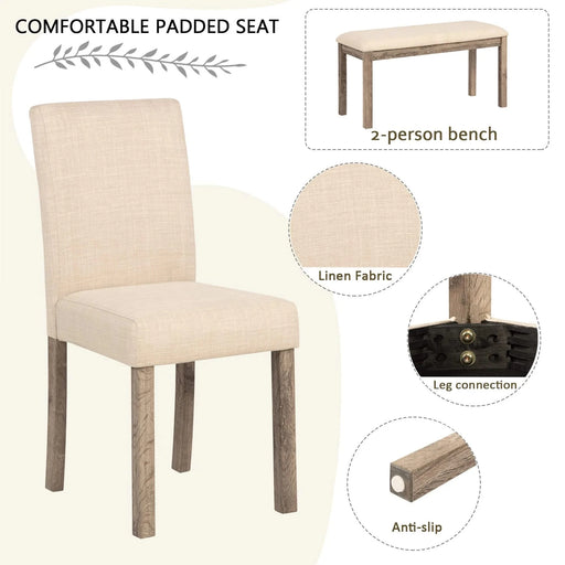 Modern 6-Piece Dining Table Set with 4 Upholstered Chairs and Bench for Kitchen or Dining Room – Brown Default -DTYStore