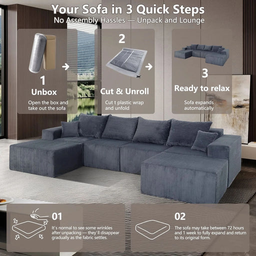 Modern 6-Piece Modular U-Shaped Sectional Sofa in Gray with Chaise Lounge and Soft Corduroy Upholstery Default -DTYStore