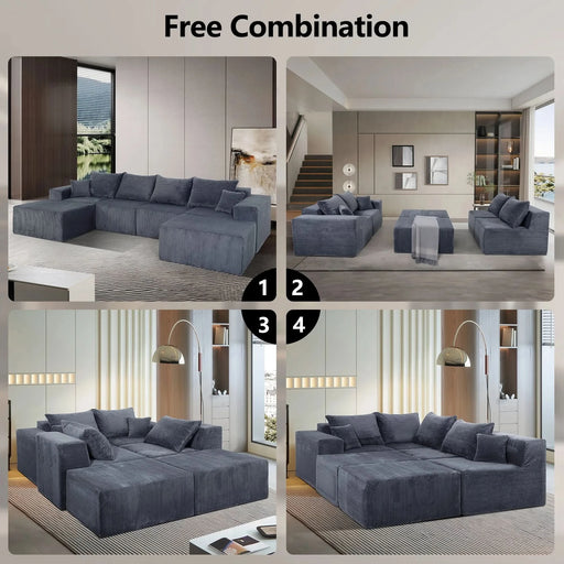 Modern 6-Piece Modular U-Shaped Sectional Sofa in Gray with Chaise Lounge and Soft Corduroy Upholstery Default -DTYStore