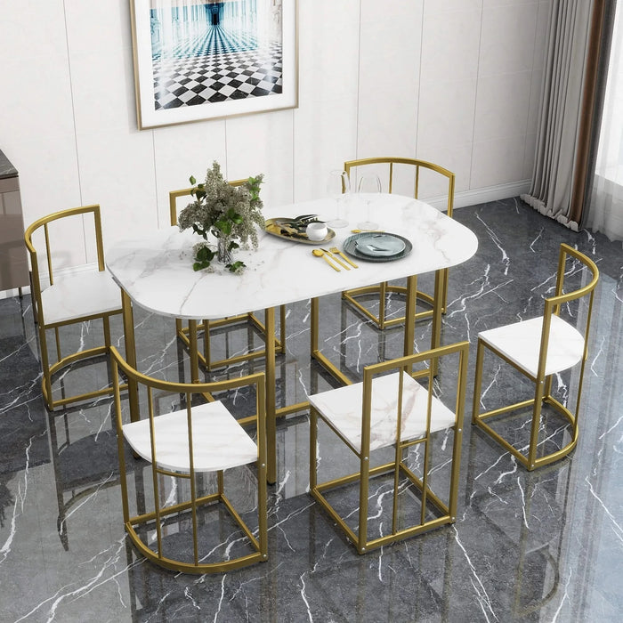 Modern 7-Piece Dining Table Set with Faux Marble Compact 55Inch Kitchen Table Set for 6, Golden+White Default -DTYStore