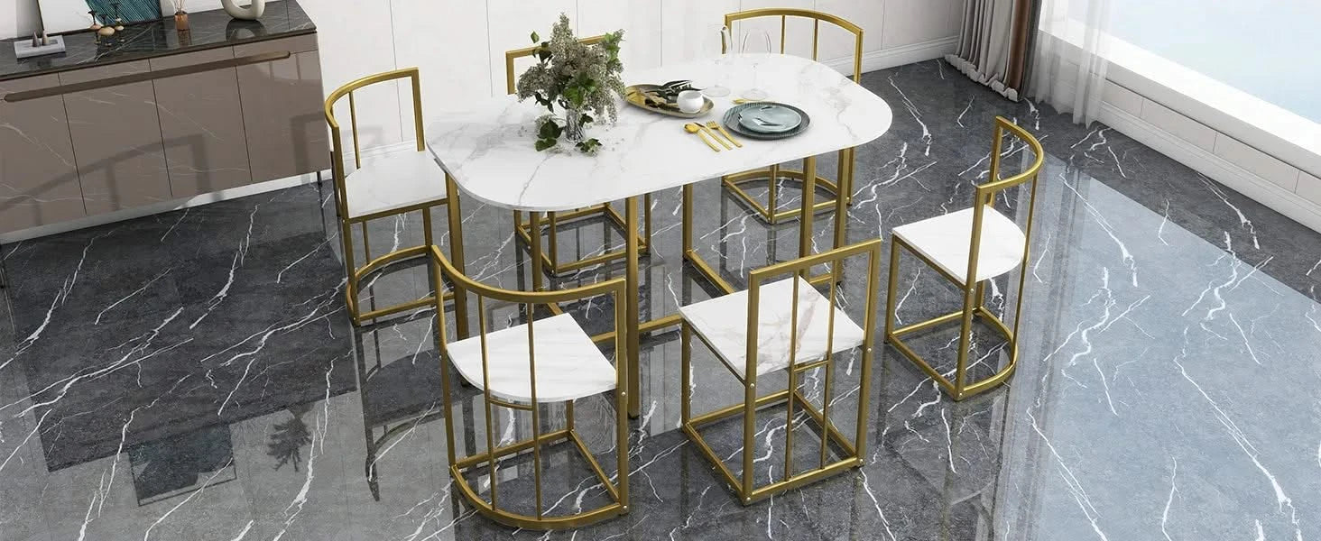Modern 7-Piece Dining Table Set with Faux Marble Compact 55Inch Kitchen Table Set for 6, Golden+White Default -DTYStore