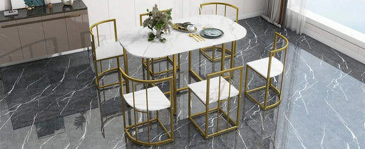 Modern 7-Piece Dining Table Set with Faux Marble Compact 55Inch Kitchen Table Set for 6, Golden+White Default -DTYStore