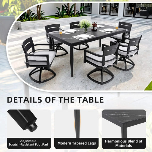 Modern 7-Piece Outdoor Patio Aluminum Dining Set, 35.5'x71' Rectangular Dining Table with Black Marble-Look Sintered Stone Top, Ember Black, 6 Swivel Rockers with Sunbrella Cushions Default -DTYStore