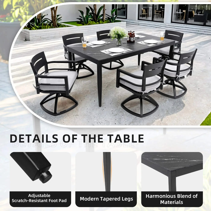 Modern 7-Piece Outdoor Patio Aluminum Dining Set, 35.5'x71' Rectangular Dining Table with Black Marble-Look Sintered Stone Top, Ember Black, 6 Swivel Rockers with Sunbrella Cushions Default -DTYStore
