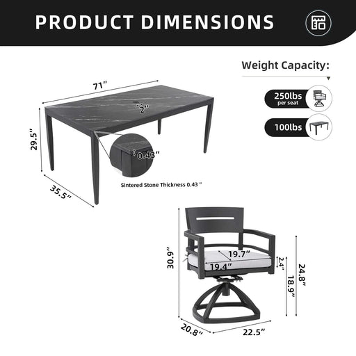 Modern 7-Piece Outdoor Patio Aluminum Dining Set, 35.5'x71' Rectangular Dining Table with Black Marble-Look Sintered Stone Top, Ember Black, 6 Swivel Rockers with Sunbrella Cushions Default -DTYStore