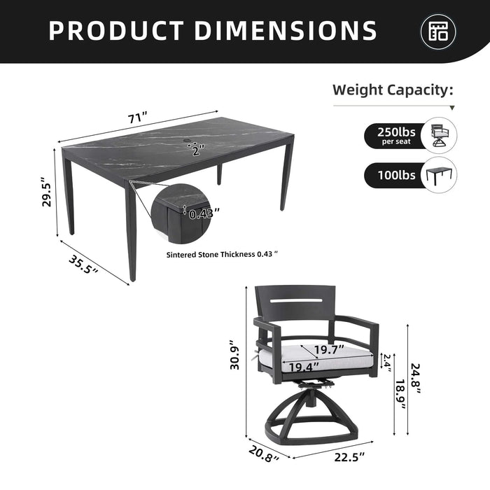 Modern 7-Piece Outdoor Patio Aluminum Dining Set, 35.5'x71' Rectangular Dining Table with Black Marble-Look Sintered Stone Top, Ember Black, 6 Swivel Rockers with Sunbrella Cushions Default -DTYStore