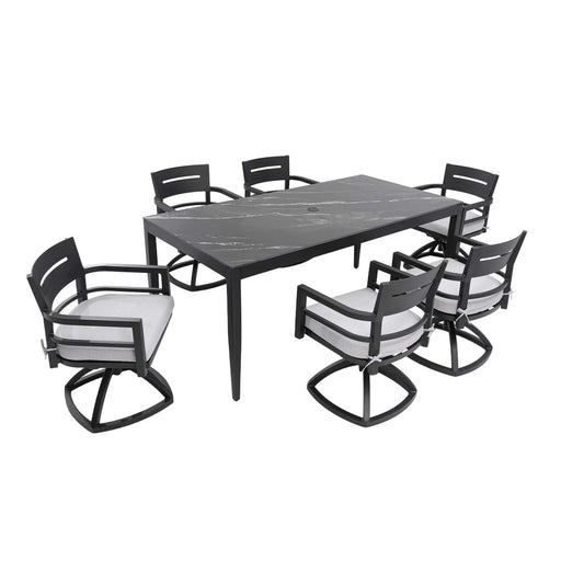 Modern 7-Piece Outdoor Patio Aluminum Dining Set, 35.5'x71' Rectangular Dining Table with Black Marble-Look Sintered Stone Top, Ember Black, 6 Swivel Rockers with Sunbrella Cushions Default -DTYStore