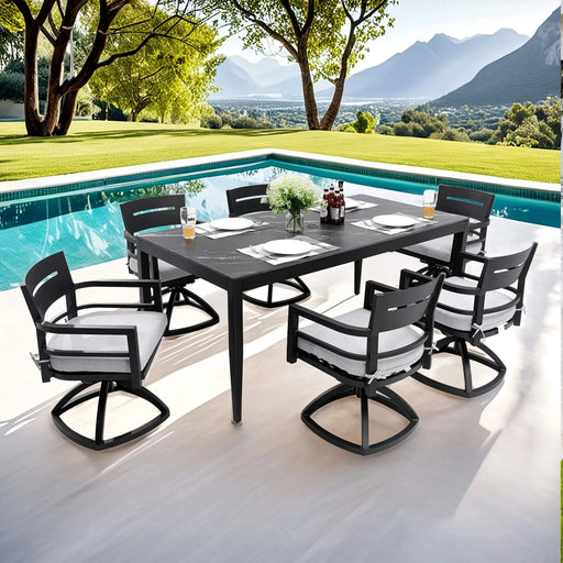 Modern 7-Piece Outdoor Patio Aluminum Dining Set, 35.5'x71' Rectangular Dining Table with Black Marble-Look Sintered Stone Top, Ember Black, 6 Swivel Rockers with Sunbrella Cushions Default -DTYStore