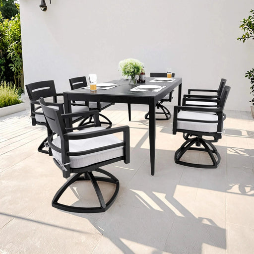 Modern 7-Piece Outdoor Patio Aluminum Dining Set, 35.5'x71' Rectangular Dining Table with Black Marble-Look Sintered Stone Top, Ember Black, 6 Swivel Rockers with Sunbrella Cushions Default -DTYStore