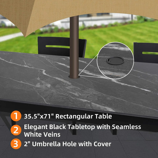 Modern 7-Piece Outdoor Patio Aluminum Dining Set, 35.5'x71' Rectangular Dining Table with Black Marble-Look Sintered Stone Top, Ember Black, 6 Swivel Rockers with Sunbrella Cushions Default -DTYStore