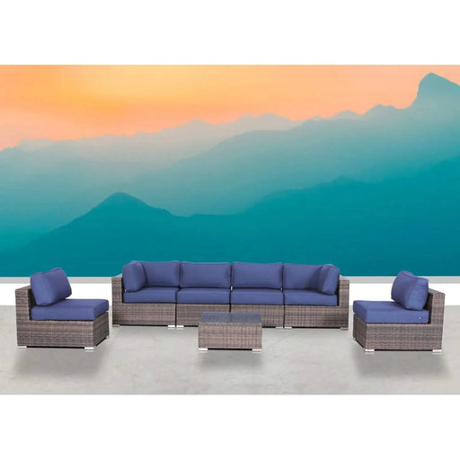 Modern 7-Piece Rattan Sectional Set with Cushions, Brown Wicker and Navy Fabric Default -DTYStore