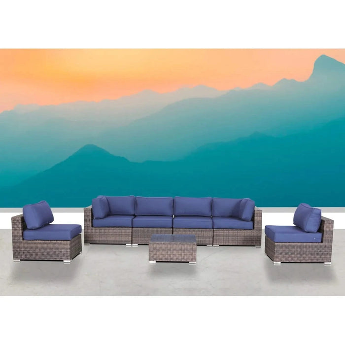 Modern 7-Piece Rattan Sectional Set with Cushions, Brown Wicker and Navy Fabric Default -DTYStore