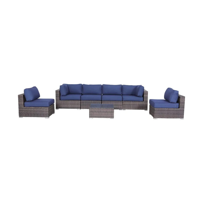 Modern 7-Piece Rattan Sectional Set with Cushions, Brown Wicker and Navy Fabric Default -DTYStore