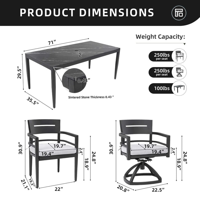 Modern 7PC Outdoor Patio Aluminum Dining Set, 35.5'x71' Rectangular Table with Black Marble-Look Sintered Stone Top, Ember Black, 4 Chairs & 2 Swivel Rockers, Sunbrella Cushions Default -DTYStore