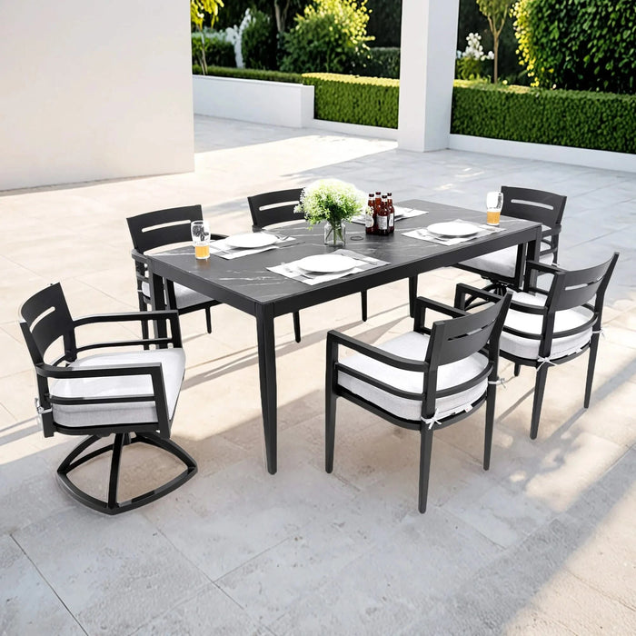 Modern 7PC Outdoor Patio Aluminum Dining Set, 35.5'x71' Rectangular Table with Black Marble-Look Sintered Stone Top, Ember Black, 4 Chairs & 2 Swivel Rockers, Sunbrella Cushions Default -DTYStore