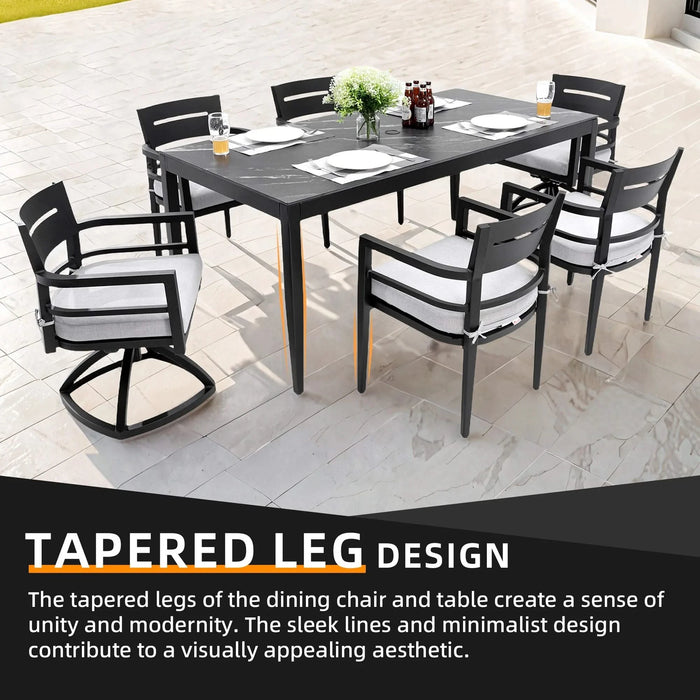 Modern 7PC Outdoor Patio Aluminum Dining Set, 35.5'x71' Rectangular Table with Black Marble-Look Sintered Stone Top, Ember Black, 4 Chairs & 2 Swivel Rockers, Sunbrella Cushions Default -DTYStore