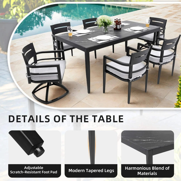 Modern 7PC Outdoor Patio Aluminum Dining Set, 35.5'x71' Rectangular Table with Black Marble-Look Sintered Stone Top, Ember Black, 4 Chairs & 2 Swivel Rockers, Sunbrella Cushions Default -DTYStore