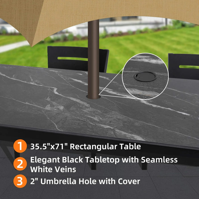 Modern 7PC Outdoor Patio Aluminum Dining Set, 35.5'x71' Rectangular Table with Black Marble-Look Sintered Stone Top, Ember Black, 4 Chairs & 2 Swivel Rockers, Sunbrella Cushions Default -DTYStore