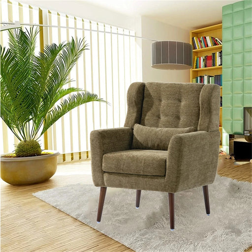 Modern Accent Chair, Chenille Arm Chairs for Living Room, Upholstered Modern Armchair, Comfy Soft Padded Lounge Chair in Small Space, Bedroom, w/Pillow, Solid Wood Leg, Olive Green Default -DTYStore