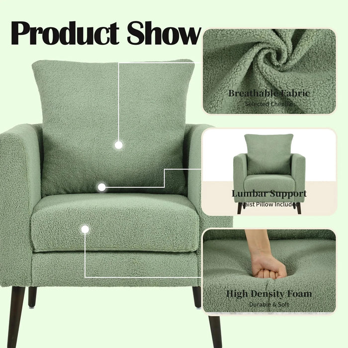 Modern Accent Chair, Upholstered Armchair for Living Room ,Mid Century Fabric Lounge Chair w/ Pillow, Comfortable Reading Chair with Wood Legs for Living Room, Bedroom,Reception Room (Light Green) Default -DTYStore