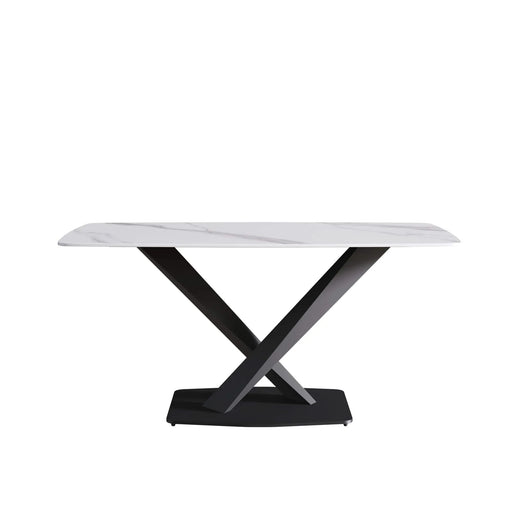 Modern Artificial Stone Dining Table with Curved Black Metal Legs for 6-8 People in White and Black Default -DTYStore
