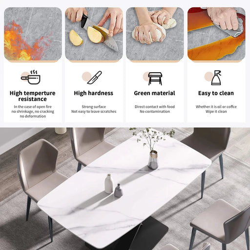 Modern Artificial Stone Dining Table with Curved Black Metal Legs for 6-8 People in White and Black Default -DTYStore