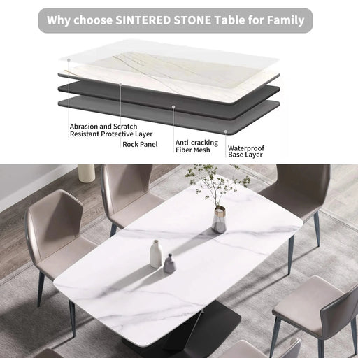 Modern Artificial Stone Dining Table with Curved Black Metal Legs for 6-8 People in White and Black Default -DTYStore