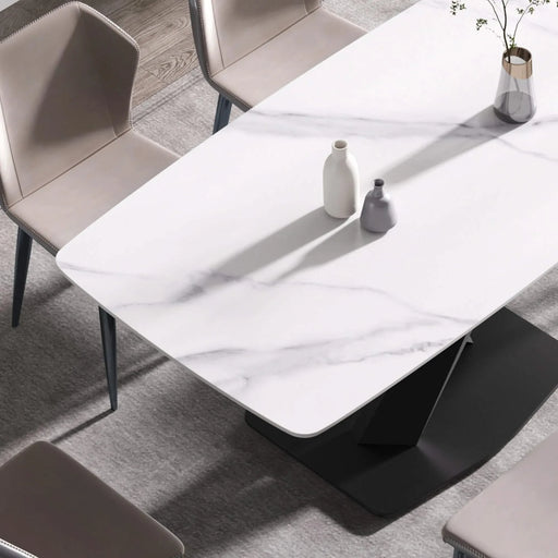 Modern Artificial Stone Dining Table with Curved Black Metal Legs for 6-8 People in White and Black Default -DTYStore