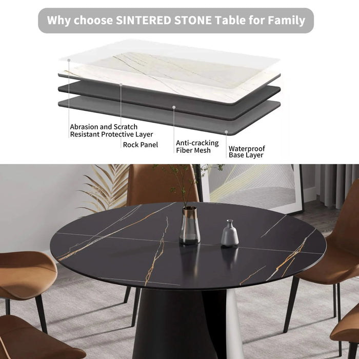Modern Artificial Stone Round Dining Table with Black Carbon Steel Base Accommodates 6 People Default -DTYStore