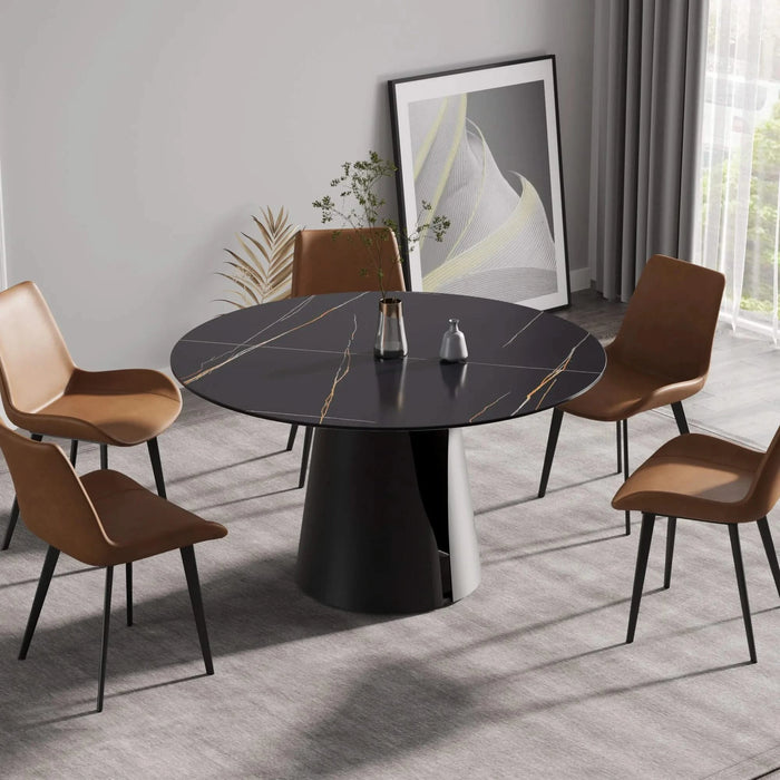 Modern Artificial Stone Round Dining Table with Black Carbon Steel Base Accommodates 6 People Default -DTYStore