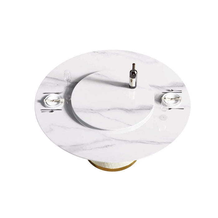 Modern Artificial Stone Round Dining Table with Carbon Steel Base in White, 59.05' - Seats 6 with 31.5' Turntable Default -DTYStore