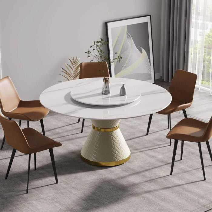 Modern Artificial Stone Round Dining Table with Carbon Steel Base in White, 59.05' - Seats 6 with 31.5' Turntable Default -DTYStore