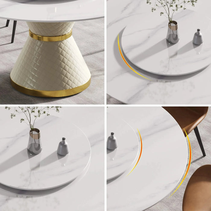 Modern Artificial Stone Round Dining Table with Carbon Steel Base in White, 59.05' - Seats 6 with 31.5' Turntable Default -DTYStore