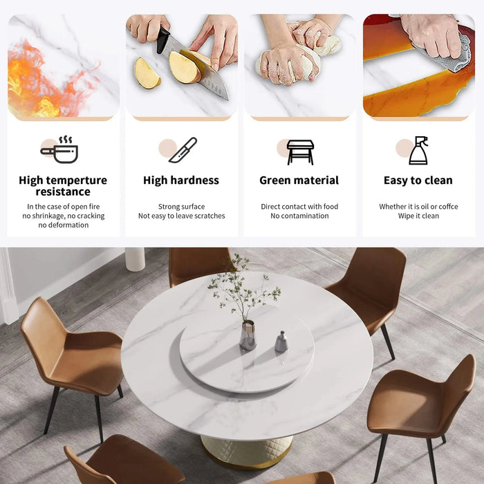 Modern Artificial Stone Round Dining Table with Carbon Steel Base in White, 59.05' - Seats 6 with 31.5' Turntable Default -DTYStore