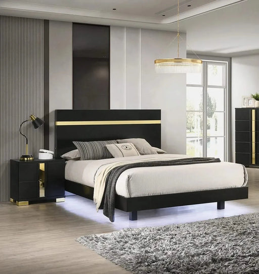 Modern Black 3pc Bedroom Set Eastern King Size Bed w LED 2x Nightstands Mattress Ready Furniture Acrylic Trim Default -DTYStore