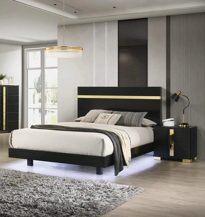 Modern Black 3pc Bedroom Set Eastern King Size Bed w LED 2x Nightstands Mattress Ready Furniture Acrylic Trim Default -DTYStore