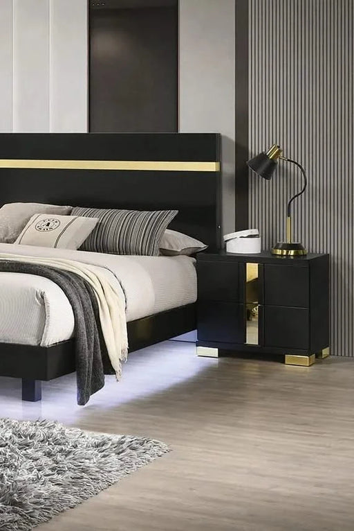 Modern Black 3pc Bedroom Set Eastern King Size Bed w LED 2x Nightstands Mattress Ready Furniture Acrylic Trim Default -DTYStore
