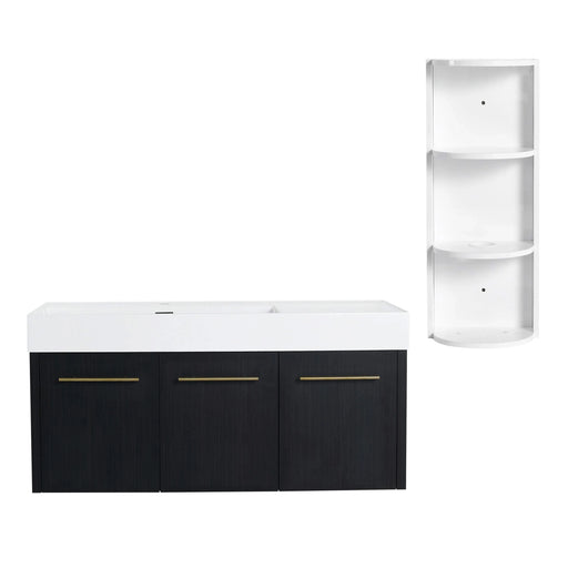 Modern Black Chestnut Wall-Mounted Bathroom Vanity with Left Resin Sink and Storage Rack, 48 Inch Default -DTYStore
