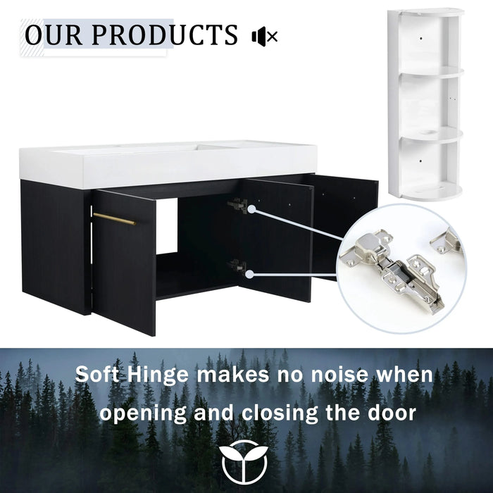 Modern Black Chestnut Wall-Mounted Bathroom Vanity with Left Resin Sink and Storage Rack, 48 Inch Default -DTYStore