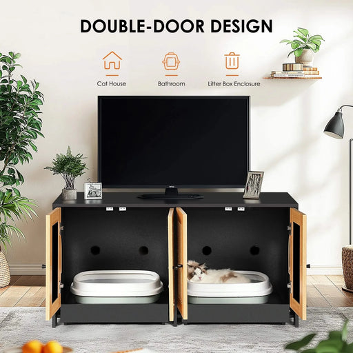 Modern Black Double Litter Box Enclosure with Rattan Doors for Two Cats, 47' L x 19.8' W x 21.8' H Default -DTYStore