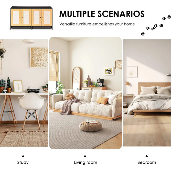 Modern Black Double Litter Box Enclosure with Rattan Doors for Two Cats, 47' L x 19.8' W x 21.8' H Default -DTYStore