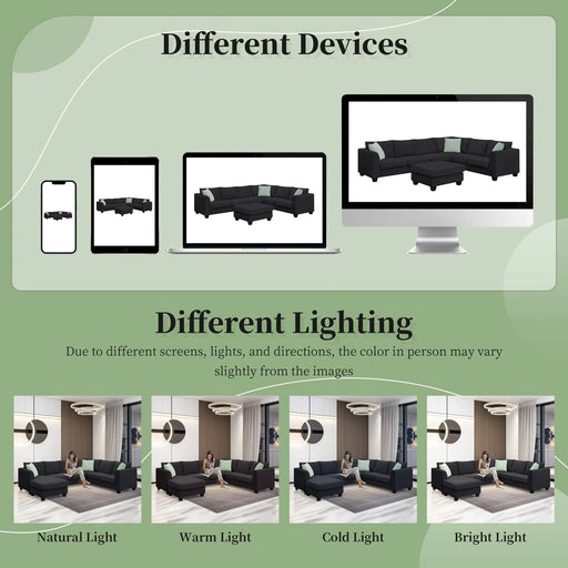 Modern Black L Shape Fabric Sectional Sofa with Ottoman and Pillows, 112*87 Inches, 7 Seats Default -DTYStore