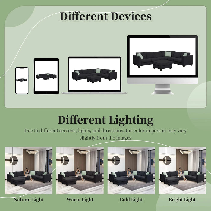 Modern Black L Shape Fabric Sectional Sofa with Ottoman and Pillows, 112*87 Inches, 7 Seats Default -DTYStore