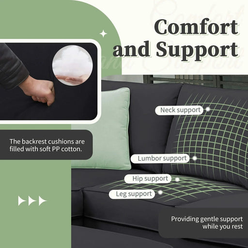 Modern Black L Shape Fabric Sectional Sofa with Ottoman and Pillows, 112*87 Inches, 7 Seats Default -DTYStore