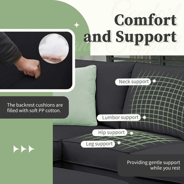 Modern Black L Shape Fabric Sectional Sofa with Ottoman and Pillows, 112*87 Inches, 7 Seats Default -DTYStore