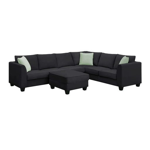 Modern Black L Shape Fabric Sectional Sofa with Ottoman and Pillows, 112*87 Inches, 7 Seats Default -DTYStore